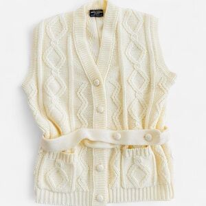 Vintage Hand Full Fashioned Hand Loomed Ivory Knit Belted Sweater Vest